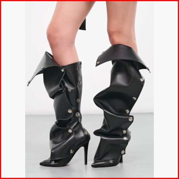 Slouchy Knee High Boots with Stiletto Heels, Fold-Over Wide Calf Design - Picture 6 of 7